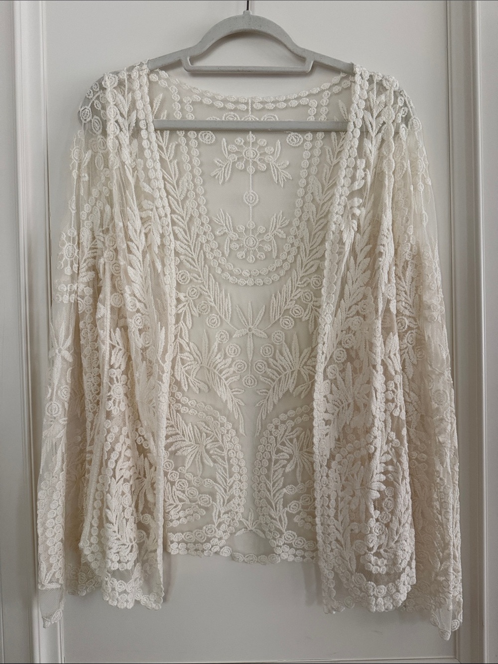 Boho Mesh & Embroidered Open Front Cardigan - pit-to-pit 19”